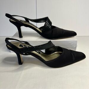 Nina sling back black sequin Sparkly  strap‎ satin point toe kitten heel 8.5